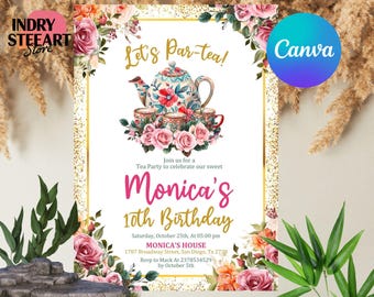 Tea Party Birthday Invitation, Par-tea Birthday Girl Invitation, Girl Pink Floral Invite, Teacup Invitation, Editable Template