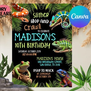 Faire-part d'anniversaire reptile, thème de la fête, invitation à un spectacle de reptiles, anniversaire rencontre avec des animaux, invitation anniversaire zoo, serpent, modèle numérique