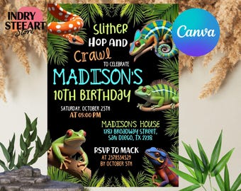 May include: A black and green birthday invitation with a jungle theme. The invitation features a chameleon, a frog, and a snake. The text on the invitation reads "Slither Hop and Crawl to Celebrate Madison's 10th Birthday".