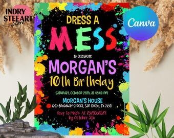 Invitación a fiesta de arte, invitación a fiesta de pintura, invitación a fiesta de cumpleaños de arte, fiesta de manualidades, vestido para un desastre, descarga instantánea