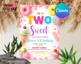 Two Sweet Birthday Invitation, 2nd Birthday Girl Invite, Donut Candy Dessert Party, Editable Template, Printable Digital Download