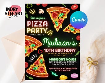 Pizza Party Birthday Invitation Template Digital, Editable Pizza Party Invite, Neon Pizza Theme Girls, Neon Invitation Kids Pizza Birthday