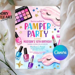 May include: An invitation for a "Pamper Party" featuring makeup and a sleep mask. The invitation is for Madison's 10th birthday, with the date, time, and location details. The design includes a Canva logo and is decorated with stars.