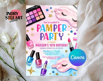 Editable Pamper Birthday Invitation, Neon Glow Pamper Spa Invitation, Pamper Spa Invitation, Glitz Glam Makeup Glow Party, Canva Template