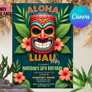 Luau Birthday Invitation, Luau Invitation, Hawaiian Birthday Invitation, Luau Party Invitation, Hawaiian Invitation Editable Luau Invitation