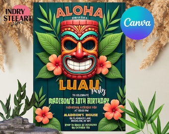 Luau Birthday Invitation, Luau Invitation, Hawaiian Birthday Invitation, Luau Party Invitation, Hawaiian Invitation Editable Luau Invitation