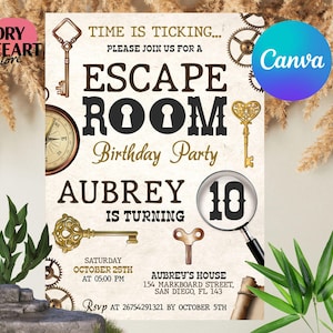 Pode incluir: Um convite imprimível para uma festa de aniversário com tema de escape room. O convite apresenta um design de estilo vintage com chaves, engrenagens e uma lupa. O texto do convite diz "Escape Room Birthday Party" e "Aubrey faz 10 anos".