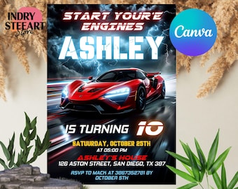 Editable Race Car Birthday Invitation, Race Car Invitation, Race Car Party Invitation, Racing Invitation with CANVA