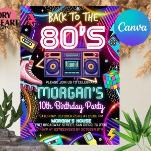 Faire-part d'anniversaire modifiable des années 80, retour dans les années 80, fête des années 80, fête des années 80, fête au néon, danse phosphorescente, anniversaire des années 2000, téléchargement immédiat