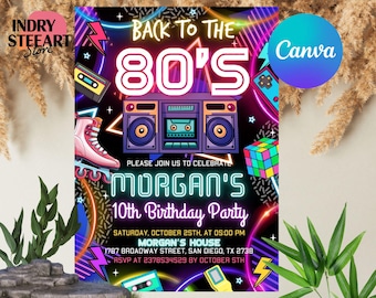Editable 80s Birthday Party Invitation, Back To The 80s, Throwback Party, Neon Party, Glow Dance, 2000s Birthday, Instant Download