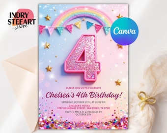 May include: A birthday invitation with a rainbow, gold stars, and a large pink glittery number 4. The text reads "Chelsea's 4th Birthday!" with event details. The Canva logo is visible.