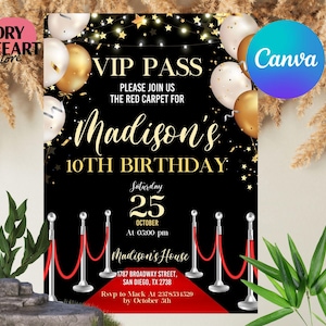 Invito per il Red Carpet, Festa di Compleanno Star VIP Pass, Tema Hollywood Glamour, Modello modificabile per qualsiasi età, Invito stampabile