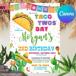 Taco Twosday Invitation, Taco Twosday Party, Taco Party, Fiesta Birthday Invitation, Mexican Birthday Party, Canva Template