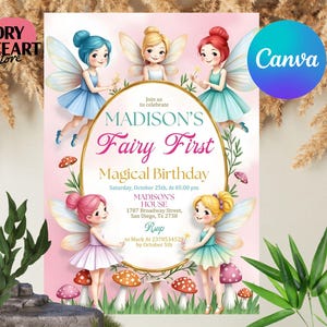 Modelo de convite de aniversário de fada editável, convite para menina da floresta com jardim encantado e caprichoso, festa de princesa mágica e floral, download digital