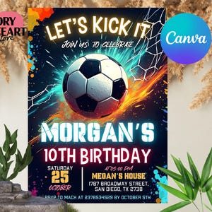 Modello modificabile per invito di compleanno a tema calcio, modello per invito a tema calcio, modello Canva
