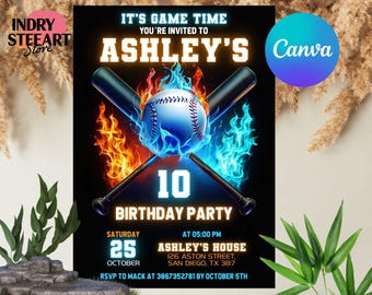 Editable Baseball Birthday Invitation, Baseball Invite, Baseball Party Invitation, Boy Sports Themed Invitation, Editable Canva Template