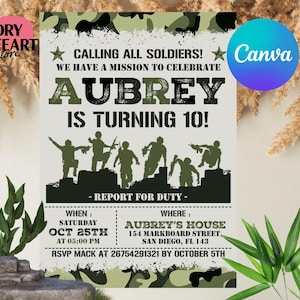 Editable Army Birthday Invitation, Military Party Invitations,  Soldier Birthday Invitation, Military Invite, Canva Template
