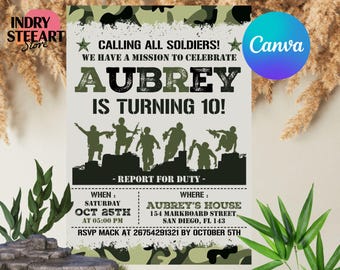 May include: A green camouflage themed birthday party invitation for a boy turning 10. The invitation features a cartoon image of soldiers and the text "Calling all soldiers! We have a mission to celebrate Aubrey is turning 10!"  The invitation also includes details about the party, including the date, time, and location. RSVP information is included at the bottom of the invitation.