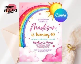 Invitación de cumpleaños arcoíris, fiesta de cumpleaños arcoíris, fiesta arcoíris de diversión, plantilla de Canva de invitación editable para niña con nubes arcoíris en rosa y dorado