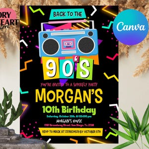 Editable 90&#39;s Birthday Party Invitation, Back To The 90&#39;s Neon Party Glow Dance Disco 2000s Birthday 90&#39;s Template, Instant Download
