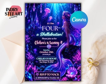 May include: A digital invitation card featuring a mermaid in a deep blue underwater scene with glowing pink coral, jellyfish, and crystals. Text reads: It's Time FOUR a Shellabration! Please join us for Chelsea's is turning 4! Saturday October 25th.