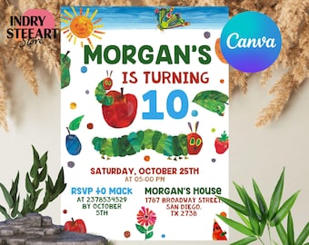 Editable Very Hungry Caterpillar Birthday Invitation, Hungry Caterpillar Invite, Fat Caterpillar Birthday Party Invite, Canva Template