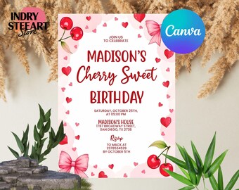 Invitación de cumpleaños con tema de cerezas, plantilla editable de Canva, invitación de cumpleaños con lazo de cerezas, fiesta de cumpleaños de niña con temática de cerezas, invitación personalizada