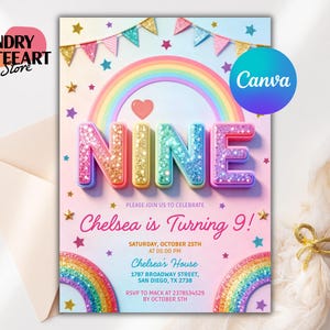 Puede incluir: Una colorida invitación de cumpleaños con un arcoíris y la palabra "NINE" en letras brillantes. La invitación incluye el texto "Chelsea is Turning 9!" y los detalles del evento. El diseño presenta estrellas, corazones y un logotipo de Canva.