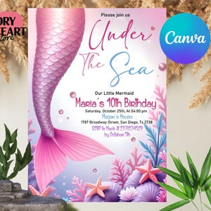 Mermaid Birthday Invitation, Mermaid Under The Sea Birthday Party, Little Mermaid Invitation, Whimsical Mermaid Party, Instant Download