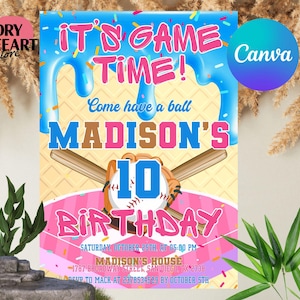 Baseball Drip Birthday Party Invitation, Digital Editable Canva Template, Baseball Ice Cream Drip Birthday Invite, Instant Access & Download