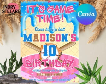 Invitación de cumpleaños con temática de béisbol y helado, plantilla digital editable en Canva, acceso y descarga instantáneos.