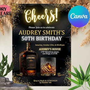 Invitación de cumpleaños editable con whisky, invitación de cumpleaños para hombres adultos, 30, 40, 50 años, licor escocés y coñac para cualquier edad, cena, descarga instantánea