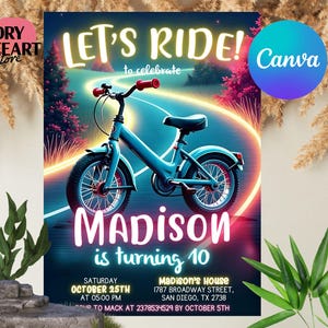 Faire-part d'anniversaire draisienne, faire-parts de fête d'anniversaire vélo, modèle de carte Bmx modifiable, fête d'anniversaire de vélo