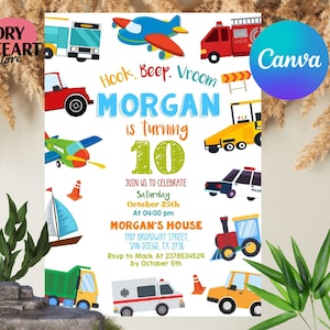 Transportation Birthday Invitation, Truck and Cars Birthday, Truck Birthday Invitation, Train, Cars Birthday Invite, Editable with Canva