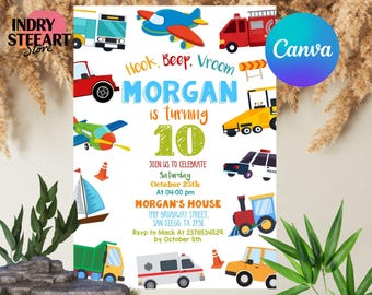 Transportation Birthday Invitation, Truck and Cars Birthday, Truck Birthday Invitation, Train, Cars Birthday Invite, Editable with Canva