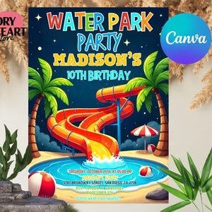 Water Park Birthday Invitation,Water Park Party Invitation,Summer Pool Party,Waterslide Birthday Party,Instant Download,Editable,Canva