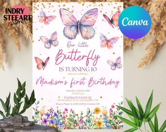 Faire-part d'anniversaire papillon, faire-part papillon arc-en-ciel, papillon floral lunatique jardin de papillons floral, modèle numérique