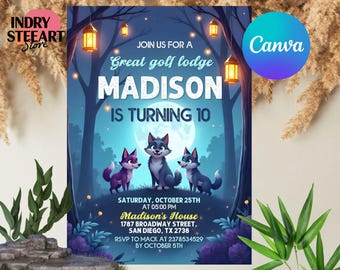 Wolf Birthday Invitation, Wolf Birthday Party Invitation, Wolf Themed Birthday Invitation, Editable Wolf Invitation, Digital Download
