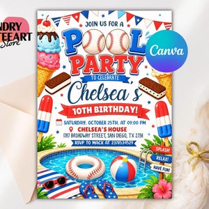 May include: A pool party invitation for Chelsea's 10th birthday featuring baseballs, ice cream, popsicles, and a swimming pool. Text includes: JOIN US FOR A POOL PARTY TO CELEBRATE CHELSEA'S 10TH BIRTHDAY, SATURDAY, OCTOBER 25TH, AT 09:00 PM, CHELSEA'S HOUSE.