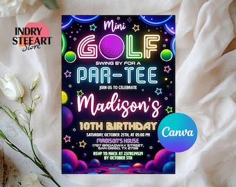 Mini Golf Birthday Invitation Template, Golf Invitation, Glow Party, Girl Golf Party Invite, Sports Birthday Party, Let's Par Tee, Canva
