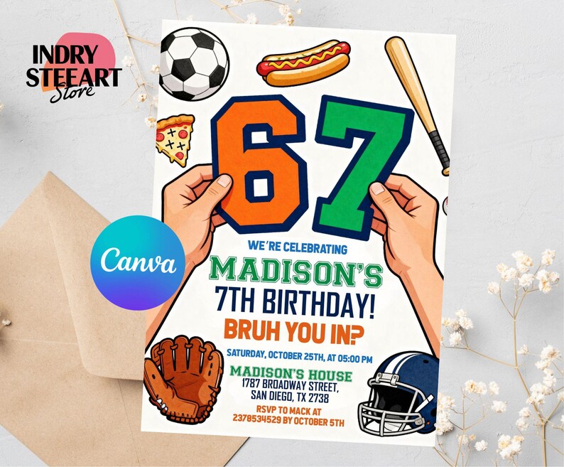 Editable 6-7 Birthday Invitation: Sports Meme Trending Six Seven Party Invite, 67 invitation,boys birthday party,six seven birthday,6 7 birthday invite,7th birthday invite,kids birthday invite,sports birthday,meme birthday invite,funny kids birthday,any age invitation,trending viral meme,baseball basketball,six seven invite, 6-7 Sports Birthday Invitation, Editable Meme Trending Six Seven Party Invite, Bruh, Boy Birthday, Kids Birthday Digital Invite