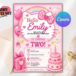May include: A pink birthday invitation card featuring a cat-shaped frame, a rainbow, balloons, a gift box, and a two-tier cake. The text reads: Hello Emily, Join us for a Pur-fect Birthday Celebration! IS TURNING TWO! Saturday October 25th, 05:00 PM to 07:00 PM.