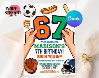Invitación editable para cumpleaños de 6 a 7 años, meme deportivo de tendencia, invitación para fiesta Six Seven, cumpleaños de niño, invitación digital para cumpleaños infantil.
