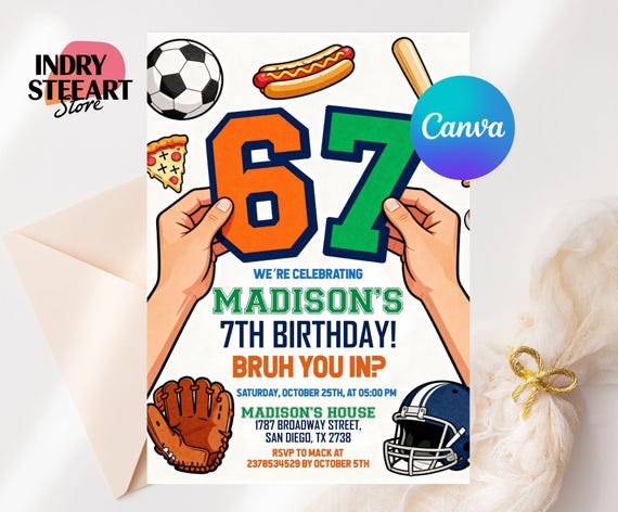 Editable 6-7 Birthday Invitation, Sports Meme Trending Six Seven Party Invite, Boy Birthday, Kids Birthday Digital Invite