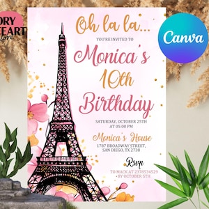 Plantilla de invitación de cumpleaños de París, invitación para fiesta de cumpleaños de París, Torre Eiffel, Oh La La, fiesta de cumpleaños con temática de París, descarga instantánea