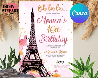 Paris Birthday Invitation Template, Paris Birthday Party Invitation, Eiffel Tower, Oh La La, Paris Theme Birthday Party, Instant Download