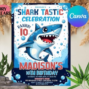 Shark Invitation, Shark Invites, Shark Birthday Invitation, Shark Invitation, Kids Birthday Party Invites, Editable Invitation Canva