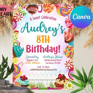 Candy Birthday Invitation, Candyland Birthday, Invitation Candyland Lolipop, Sweet Celebration Birthday, Editable Template CANVA