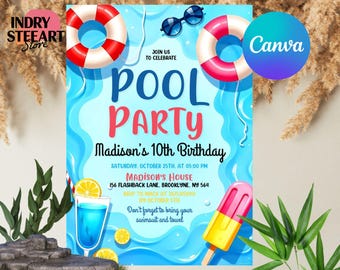 Può includere: Invito a una festa in piscina con sfondo blu e grafica a tema piscina. L'invito include il testo "Pool Party" e i dettagli per il decimo compleanno di Madison, tra cui data, ora e luogo.