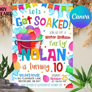 Editable Water Balloon Birthday Invitation, Water Splash Party Invitation, Summer Birthday Invite, Pool Party with CANVA
